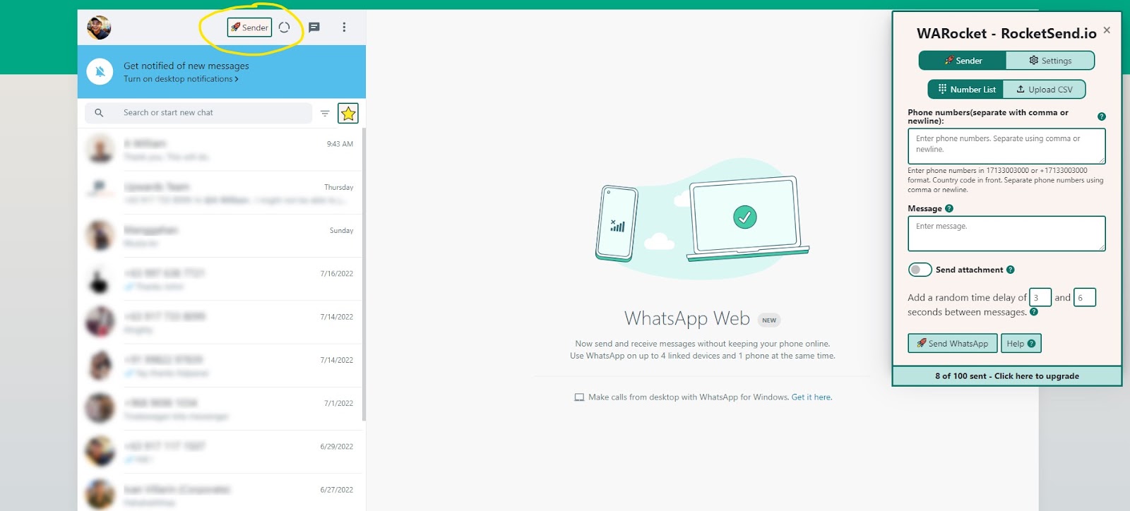 Screenshot of the 'Sender' button onWhatsApp Sender.