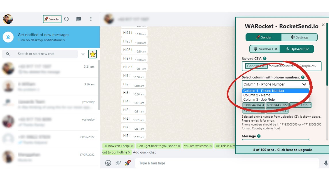 Image shows the option to select phone numbers after uploading.