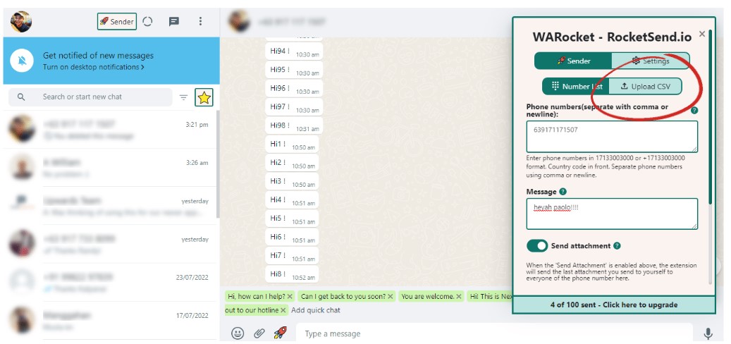 Image shows the option to upload CSV.