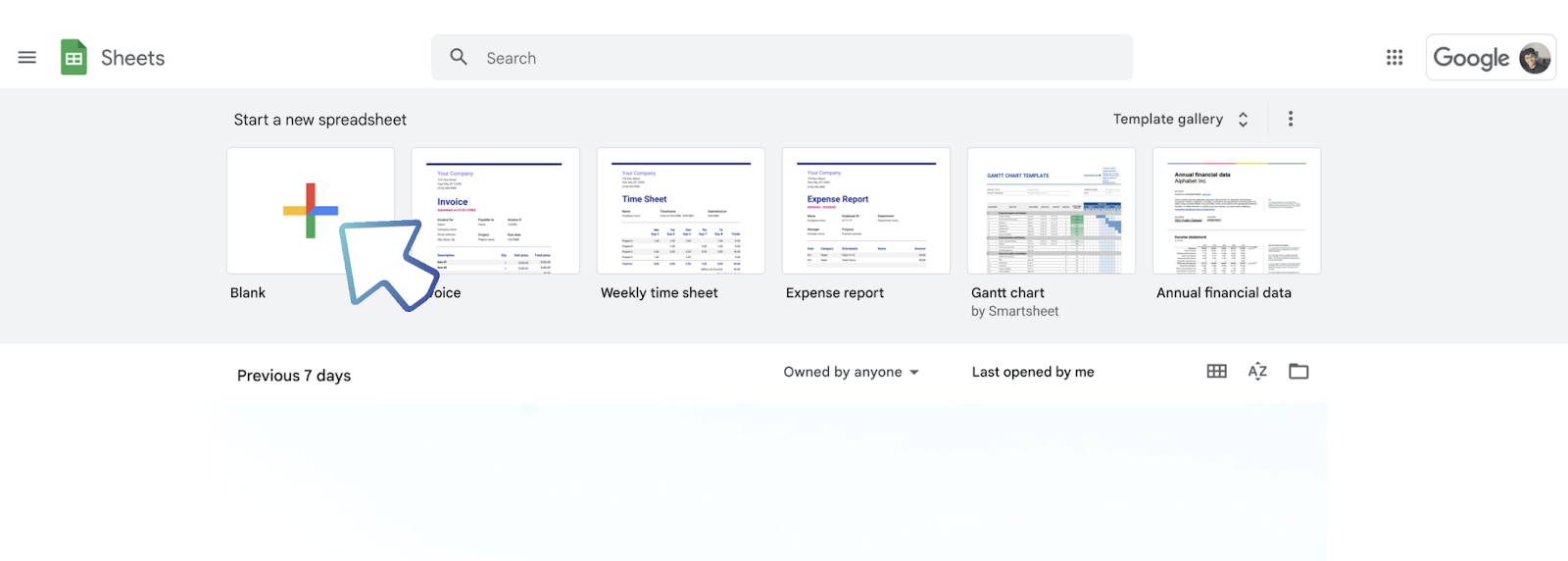 The screenshot above shows Google Sheets where you can create a document.