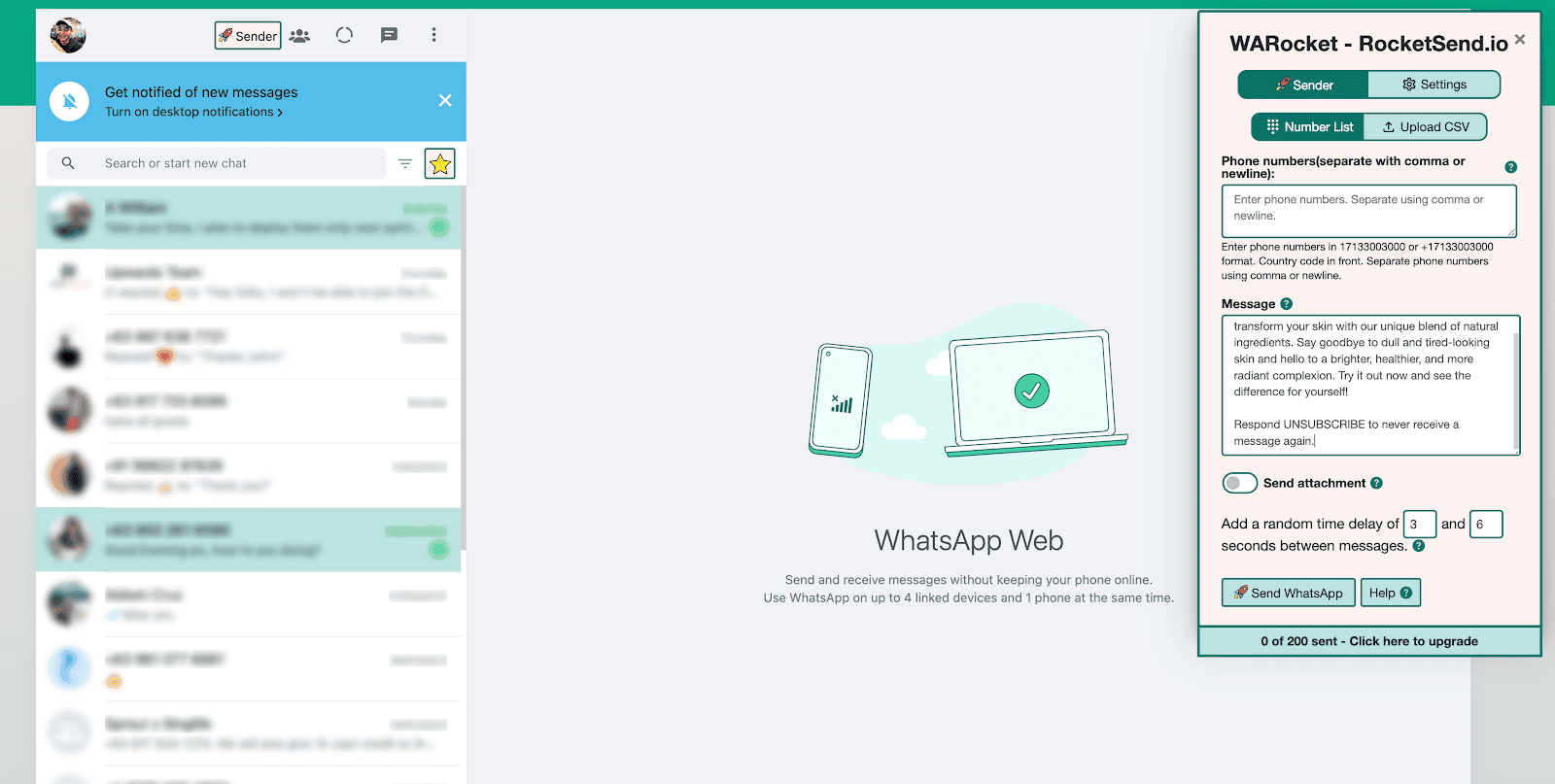 The screenshot shows a sample message with unsubscribe on the bottom.