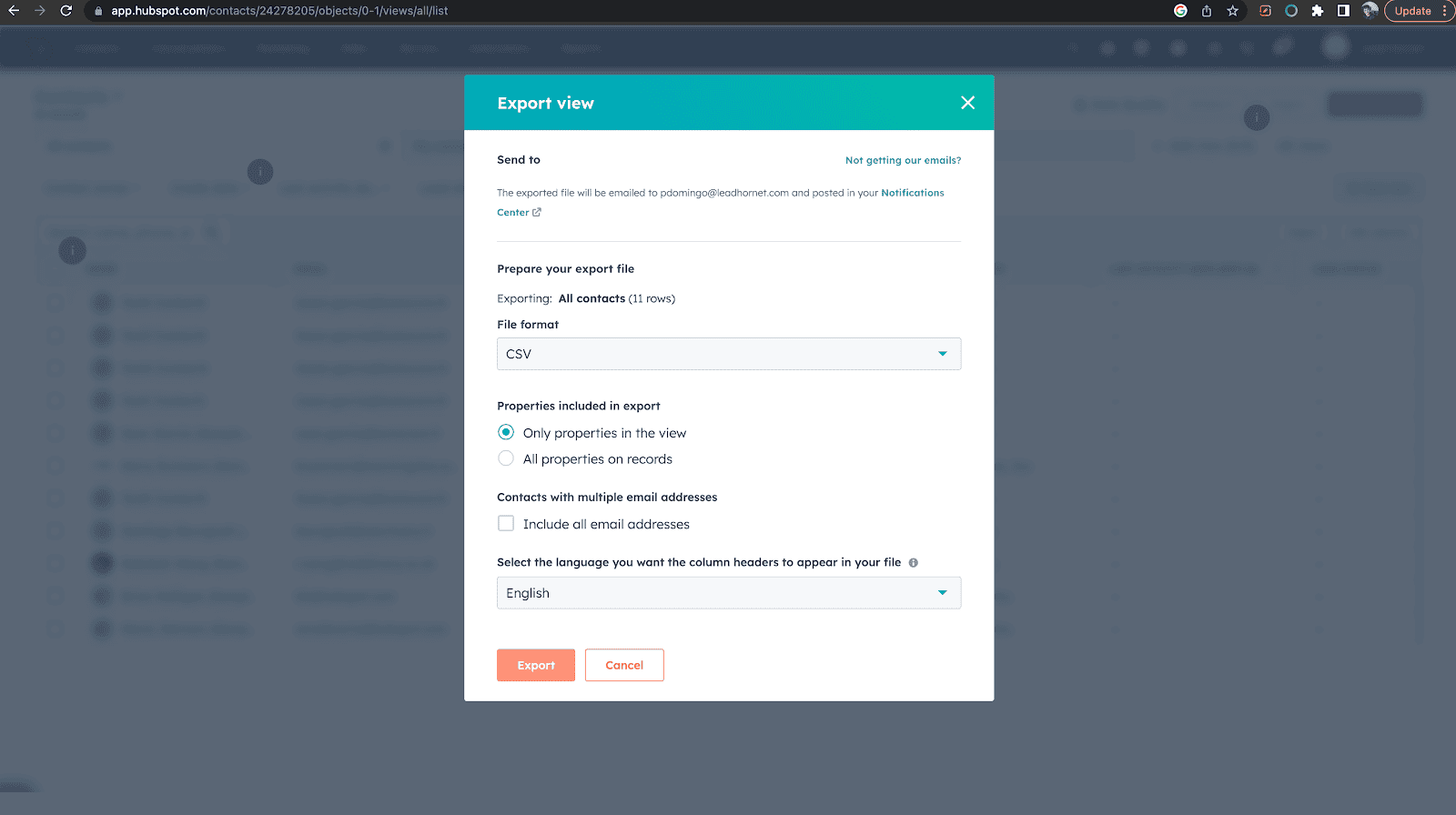 The screenshot shows the option to export as CSV.