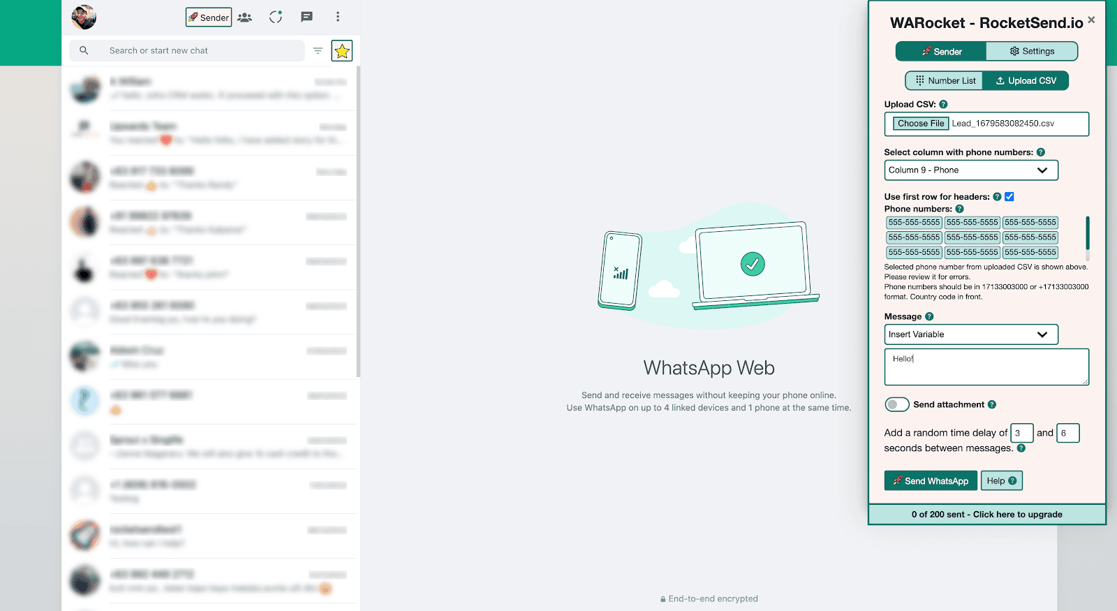 The screenshot shows the phone number in WA Sender.