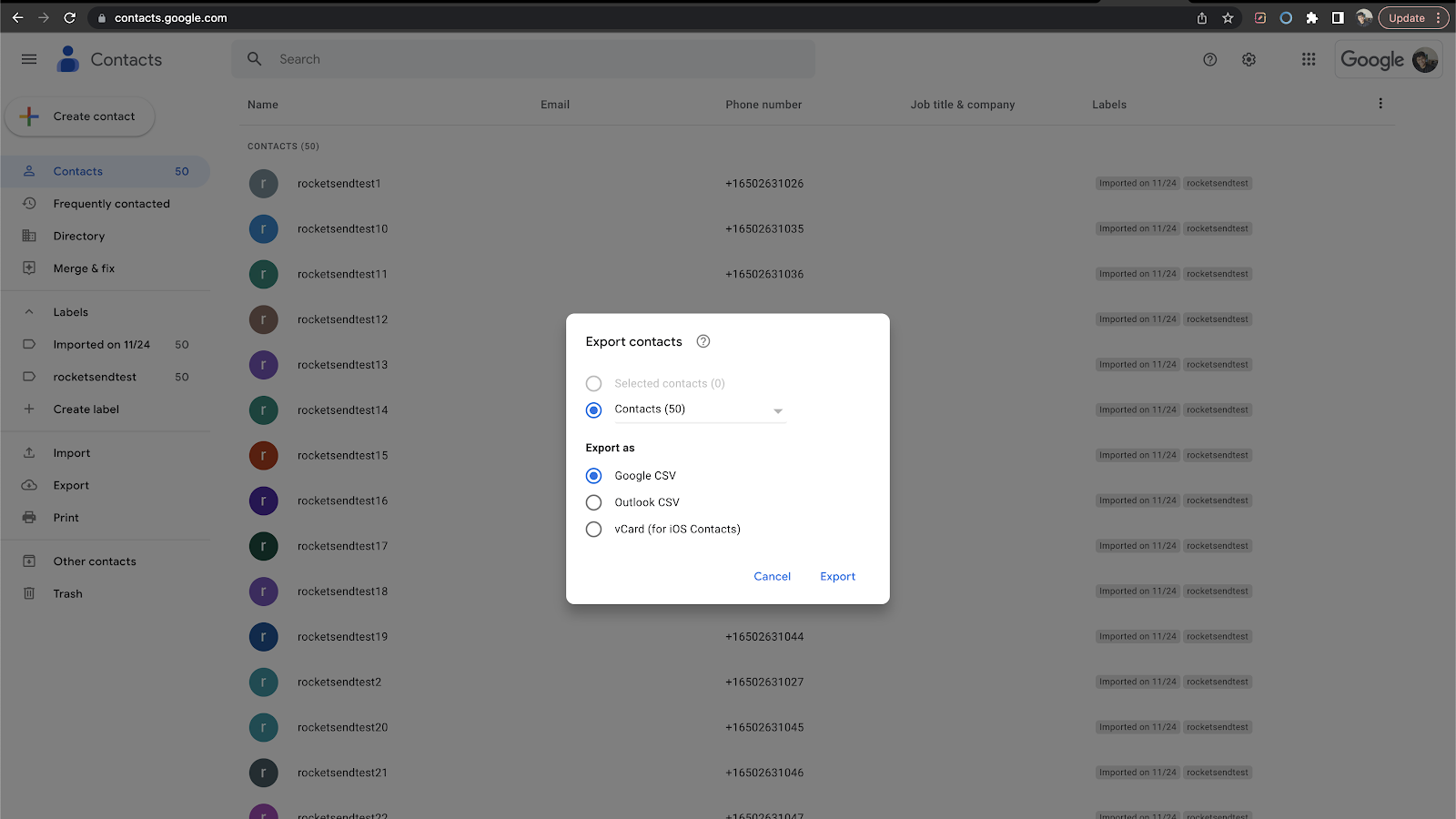 A captura de tela mostra como você pode exportar os contatos.